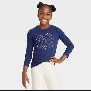 NWT Cat &‎ Jack Girls XS 4/5 Navy Blue Geometric Heart Glitter Long Sleeve Tee
